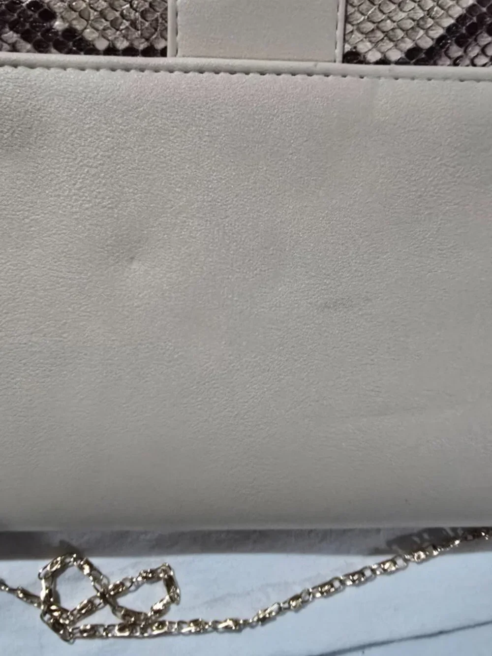 Faux Snakeskin & Beige Clutch Crossbody Evening Bag with Gold Chain Strap